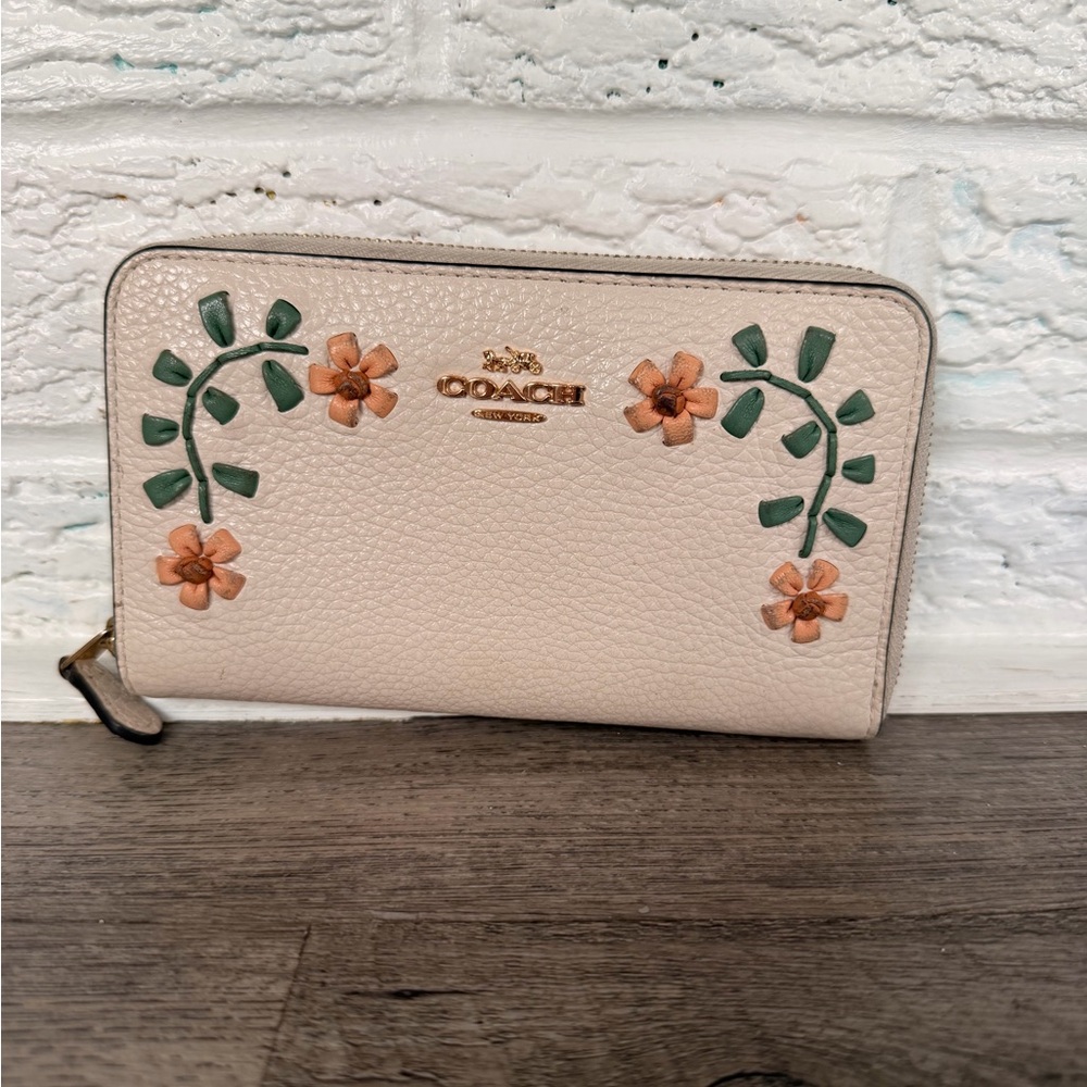Coach Zip Wallet in Blush with Green and Peach Floral Appliqué